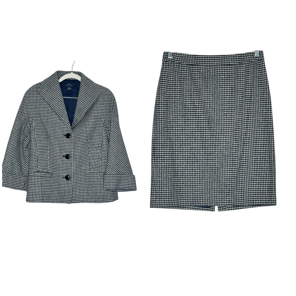 Brooks Brothers Navy and White Wool Hounds tooth Skirt Blazer Set | Size 6